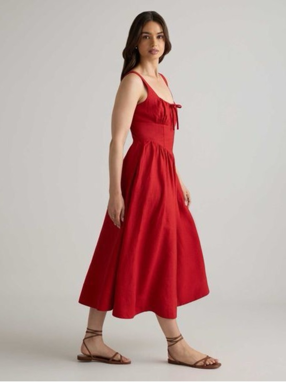 Quince Red Midi corset Dress with Tie Front detail size large 100% linen